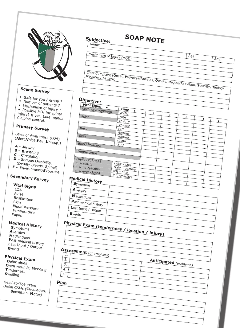 A blank SOAP note field form with scene survey, primary and secondary survey, vital signs, medical history, physical exam, assessment, and plan sections
