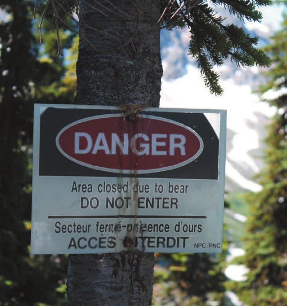 A Parks Canada sign nailed to a tree reading "Danger — area closed due to bear, do not enter" in English and French