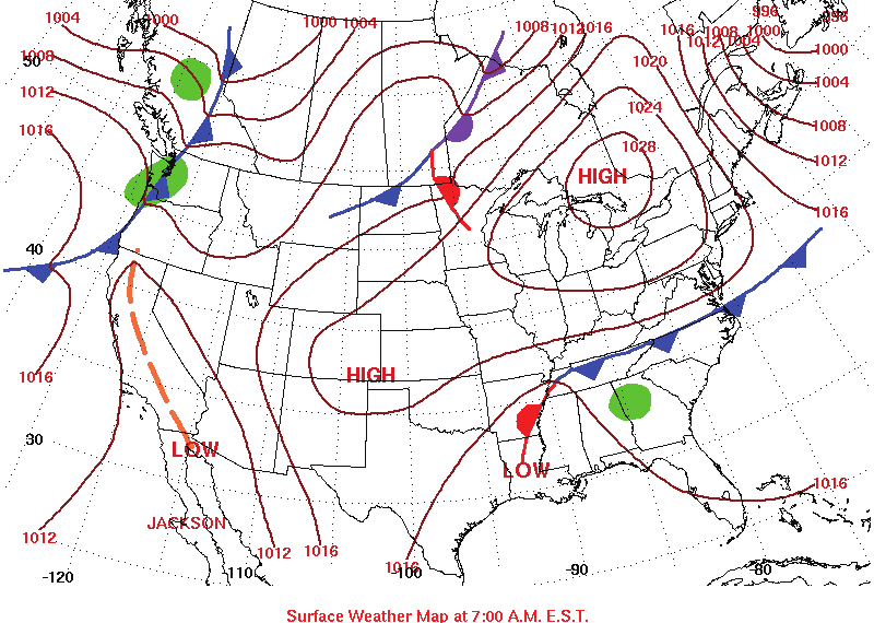 A North American surface weather map showing isobars, high and low pressure centres, and warm and cold fronts
