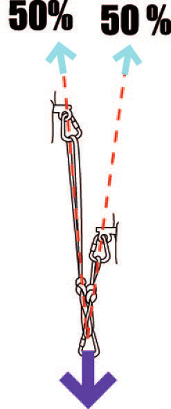 A narrow-angle two point anchor, with each anchor point carrying 50% of the load (© Petzl)