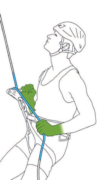A rappeller on a single fixed line with the belay device connected to the harness (© Petzl)