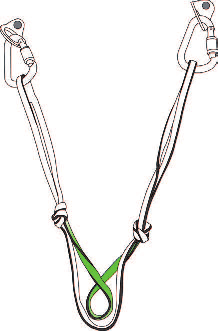A sewn sling clipped to two bolt hangers with a single twist in one strand creating the master point loop (© Petzl)