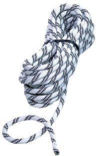 A coiled white and black static rope