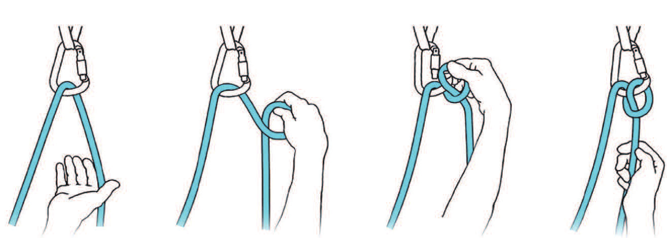 Four stages of belaying with an Italian hitch directly off the anchor (© Petzl)