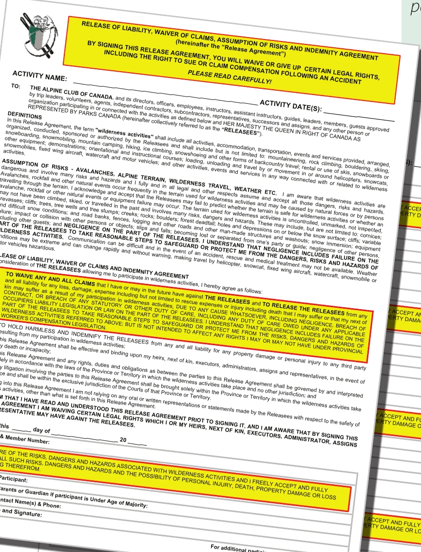 L’accord de dégagement de responsabilité, de renonciation aux réclamations, d’acceptation des risques et d’indemnisation du CAC, tel que reproduit dans le manuel de 2017