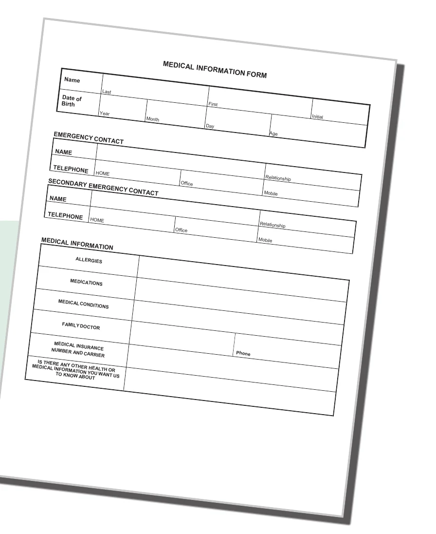 Un formulaire d’information médicale vierge du CAC, avec des champs pour les contacts d’urgence, les allergies, les médicaments, les conditions médicales, le médecin de famille et l’assurance maladie