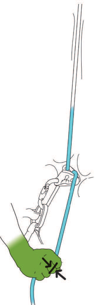 Détail de la main de freinage tenant le brin de freinage sous un appareil à freinage assisté (© Petzl)